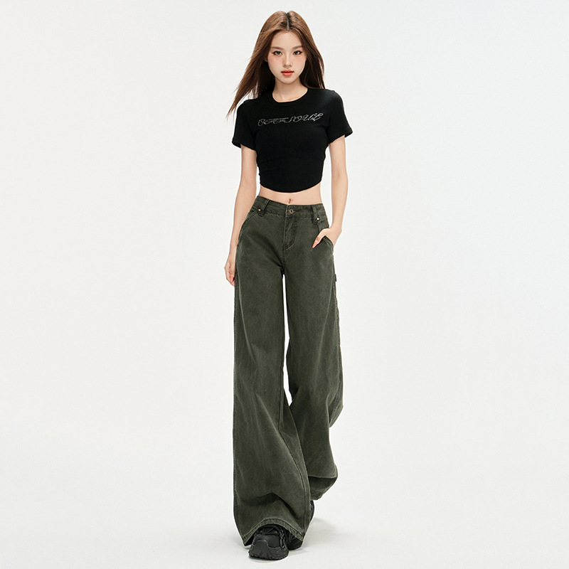 美式直筒牛仔裤女秋季新款辣妹设计感时尚宽松显瘦垂感阔腿拖地裤|undefined