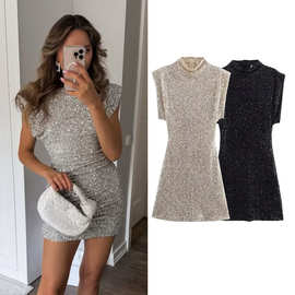 2024新款欧美外贸夏季女装圆领亮片修身垫肩设计包臀裙连衣裙女B8