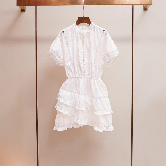 M 24 Summer New French Romantic Vacation Style Lace Hollow Bubble Sleeve Ruffled Cake dress Women