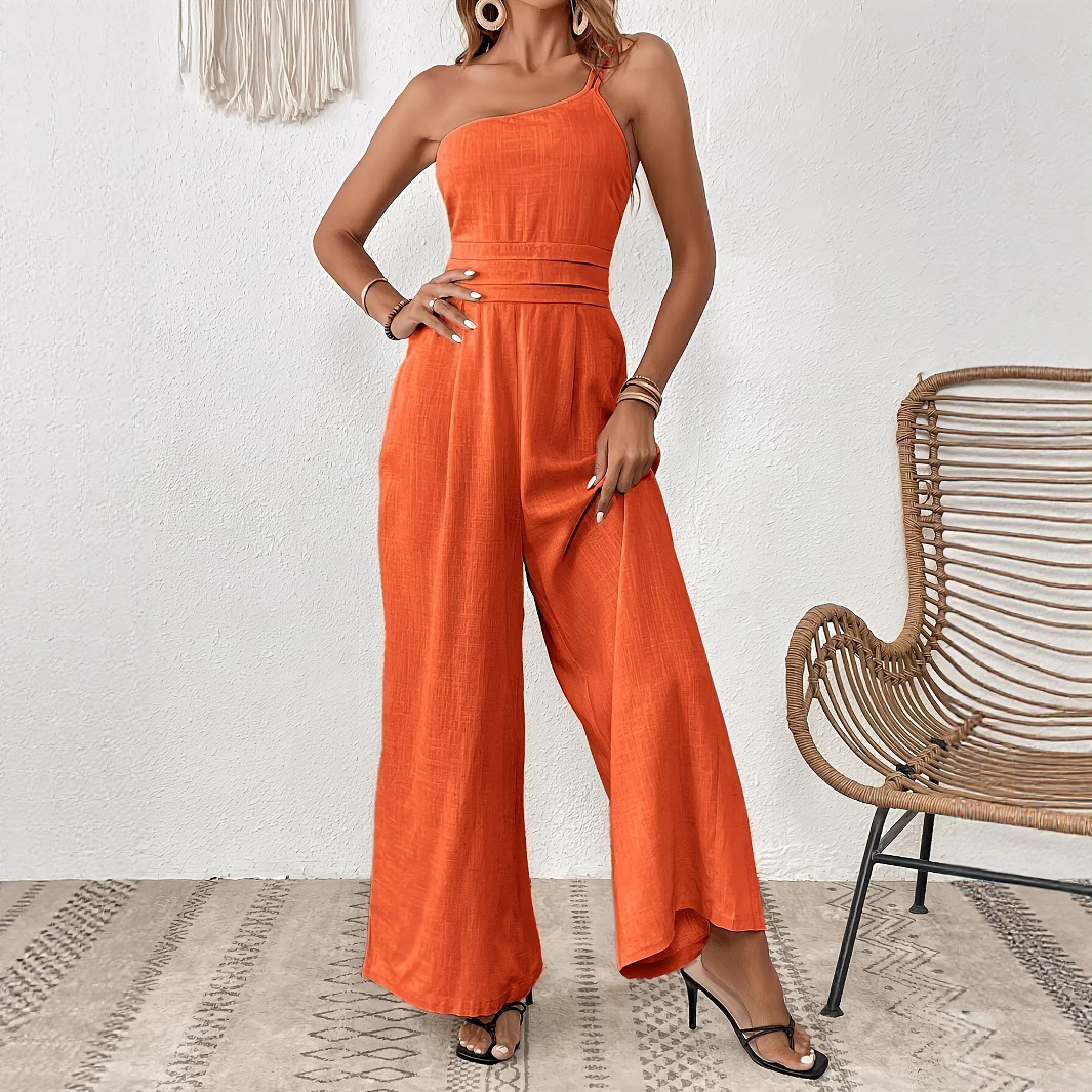 2025 Cross-Border Amazon European and American Women's Solid Color Wide-Leg One-Shoulder Jumpsuit, Elegant European and American Style for Commuting