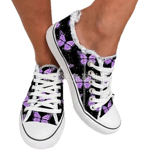Printed pattern 3D gradient cartoon animal lace-up canvas shoes women's large size casual flat shoes single-layer shoes