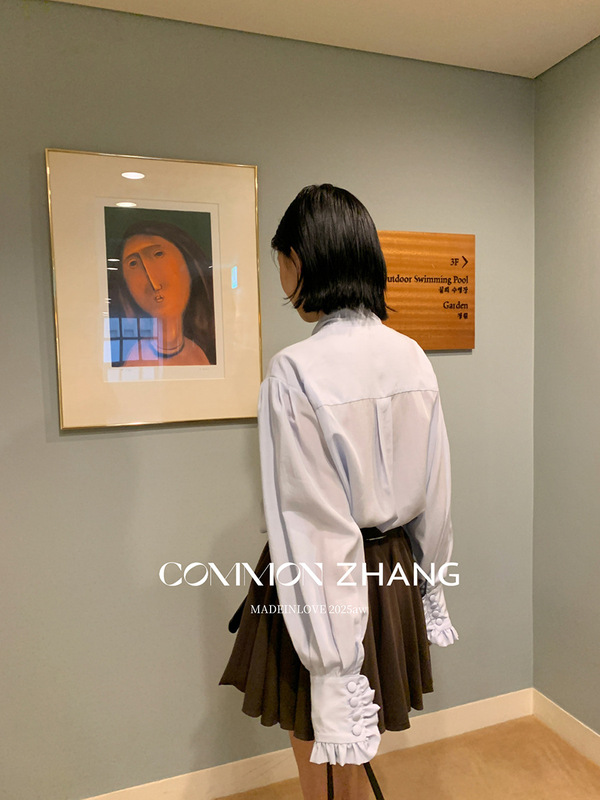 CZ ZHANG秋季法式气质文艺纯色花边拼接条纹围巾领天丝衬衫B33271|undefined