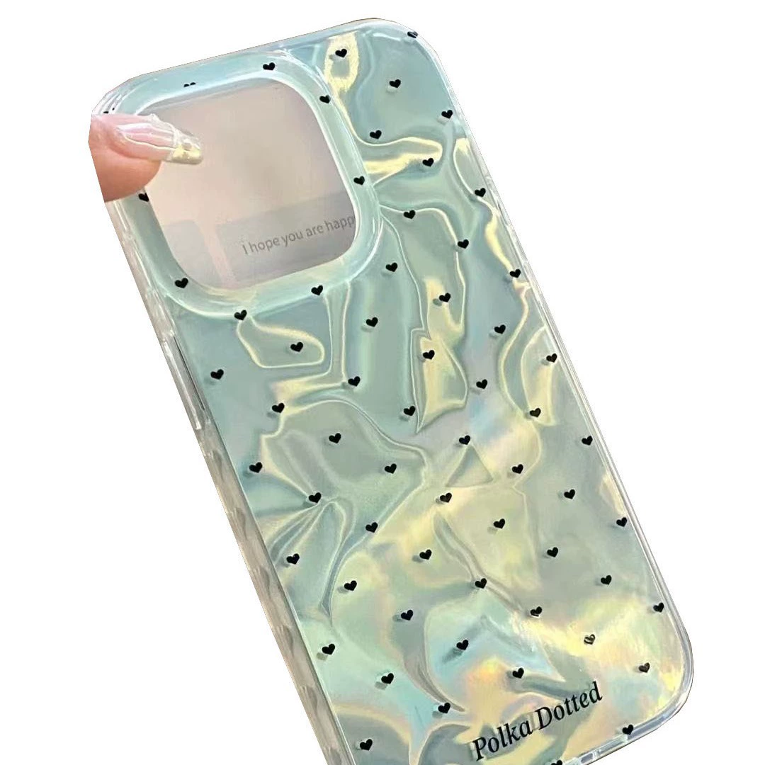 Чехол для iPhone 15 Pro Max — двухслойный мятно-зелёный волнистый дизайн с мелкими сердечками