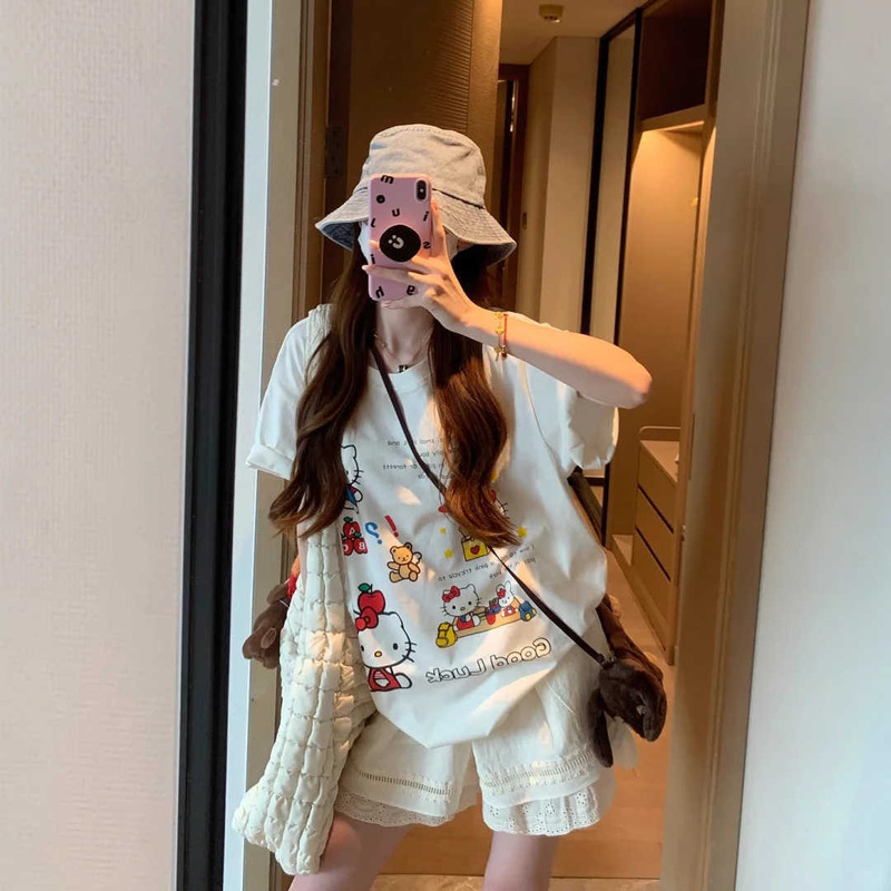 Korean Retro Kitty Cat Pure Cotton Short-Sleeved T-Shirt Women's Summer New Loose Slimming Look Simple Versatile Flesh-Covering Top Korean Retro Kitty Cat Pure Cotton Short-Sleeved T-Shirt Women's Summer New Loose Slimming Look Simple Versatile Flesh-Covering Top