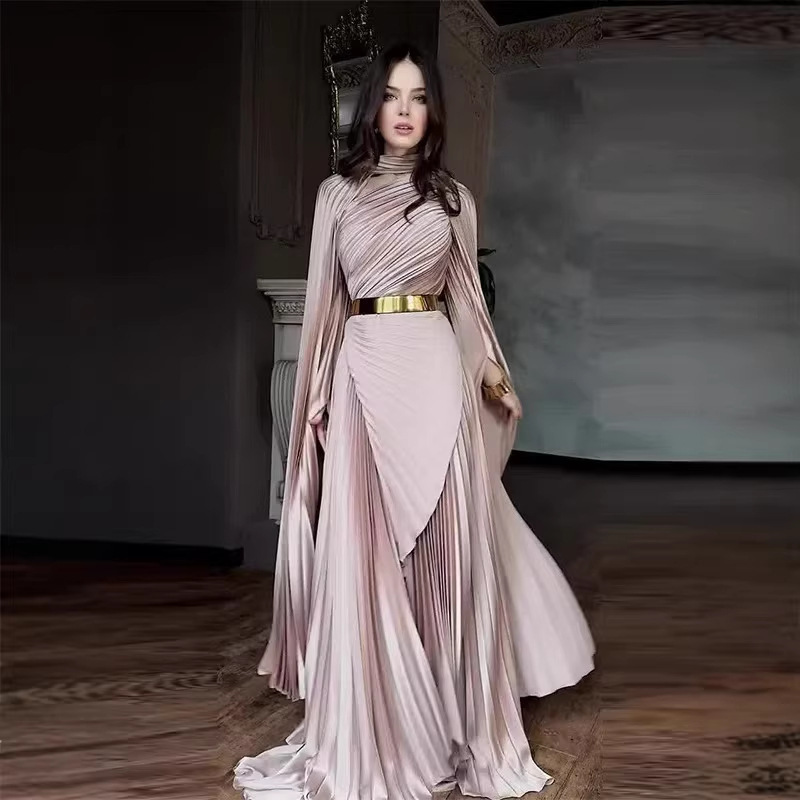 2026 Summer New Cross-Border European and American Style Long Shawl Slit Elegant Dress with Belt