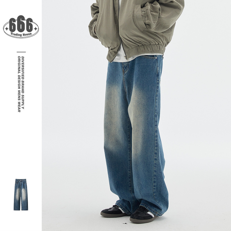 OUSWE American Style Vintage Washed Old Blue Jeans Men's Autumn Straight Tooling Wide Leg Trousers RK84