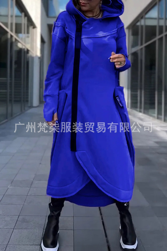 2025秋冬欧美跨境亚马逊百搭纯色长袖卫衣连帽拉链休闲长款连衣裙|undefined