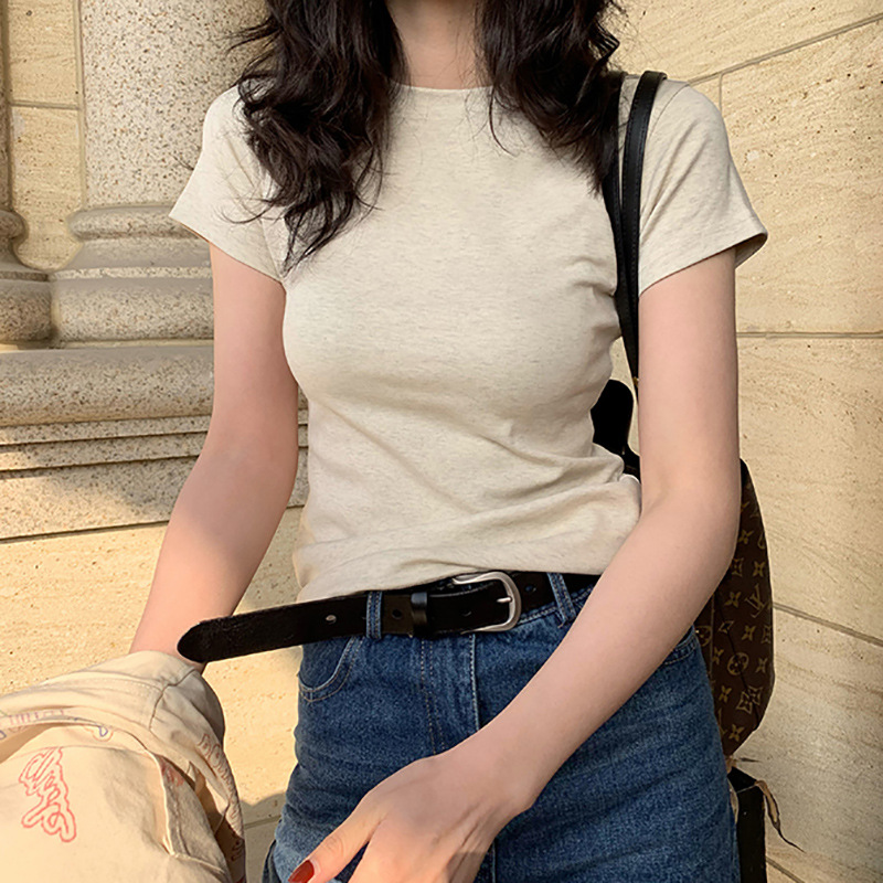 美式白色t恤女正肩短袖欧货2024年新款显瘦圆领纯棉叠穿打底上衣 美式白色t恤女正肩短袖欧货2024年新款显瘦圆领纯棉叠穿打底上衣