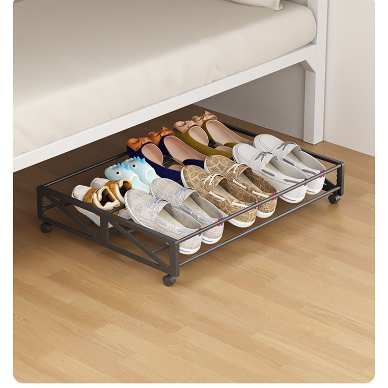 Under-bed shoe rack with wheels, movable sofa bottom storage rack, simple metal shoe rack for dormitory and home use, inclined