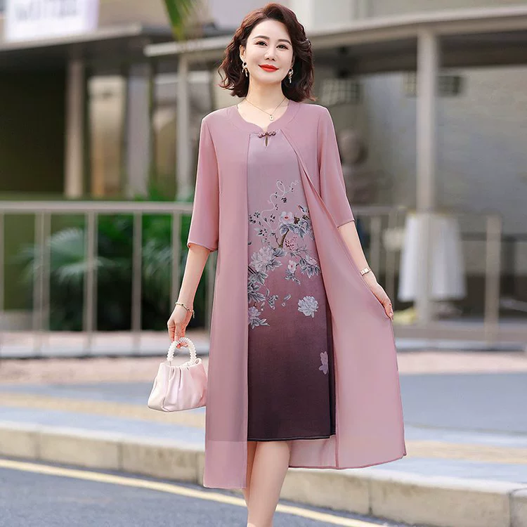 Новое летнее шифоновое платье для мамы в китайском стиле, новая летняя юбка Cheongsam для женщин среднего и пожилого возраста, юбка с принтом в национальном стиле