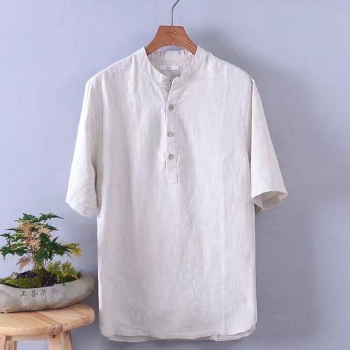 Summer lightweight solid-color stand-collar men's linen shirt | Men's short-sleeve casual loose-fit cotton-linen shirt | Linen fabric top