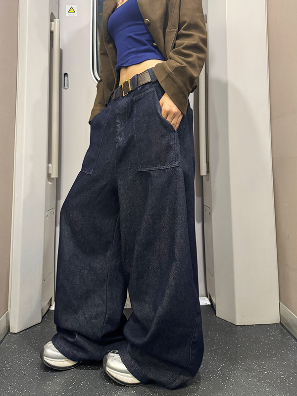 美式复古垂感弯刀牛仔裤男女新款潮牌大口袋宽松百搭cleanfit长裤|undefined