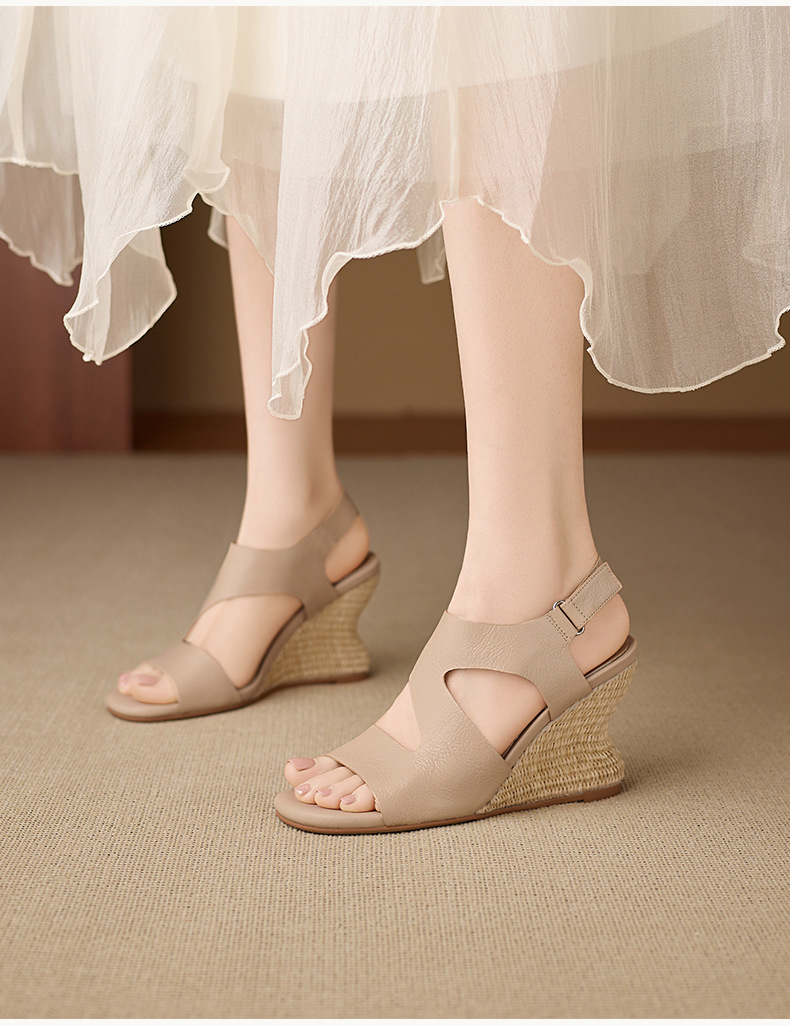 Sandal cao gót nữ quai ngang mũi hở chất liệu da cừu, đế cao gót bọc cói, khóa dán tiện lợi — màu trắng ngà, màu mơ chi tiết 8