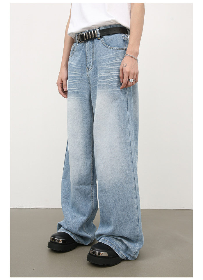 Quần jean nam ống đứng dáng suông rộng, vải denim giặt nước hiệu ứng nếp gấp, phong cách đường phố — Màu xanh lam chi tiết 8