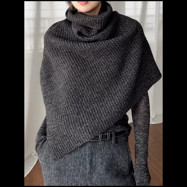 Dark Gray Turtleneck Knitted Scarf for Women in Winter, High-End Layered Slit Pullover Neck Cover, Shawl, Cape, Thick Scarf