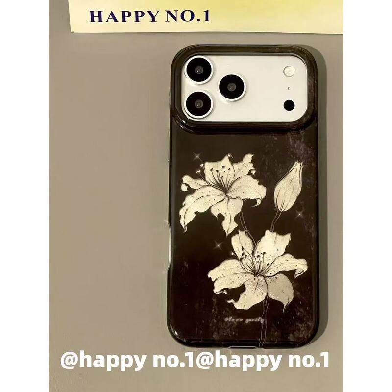 Vintage-style black splatter-paint electroplated lily flower case for Apple iPhone, shockproof, double-layer, waterproof, suitable for girls