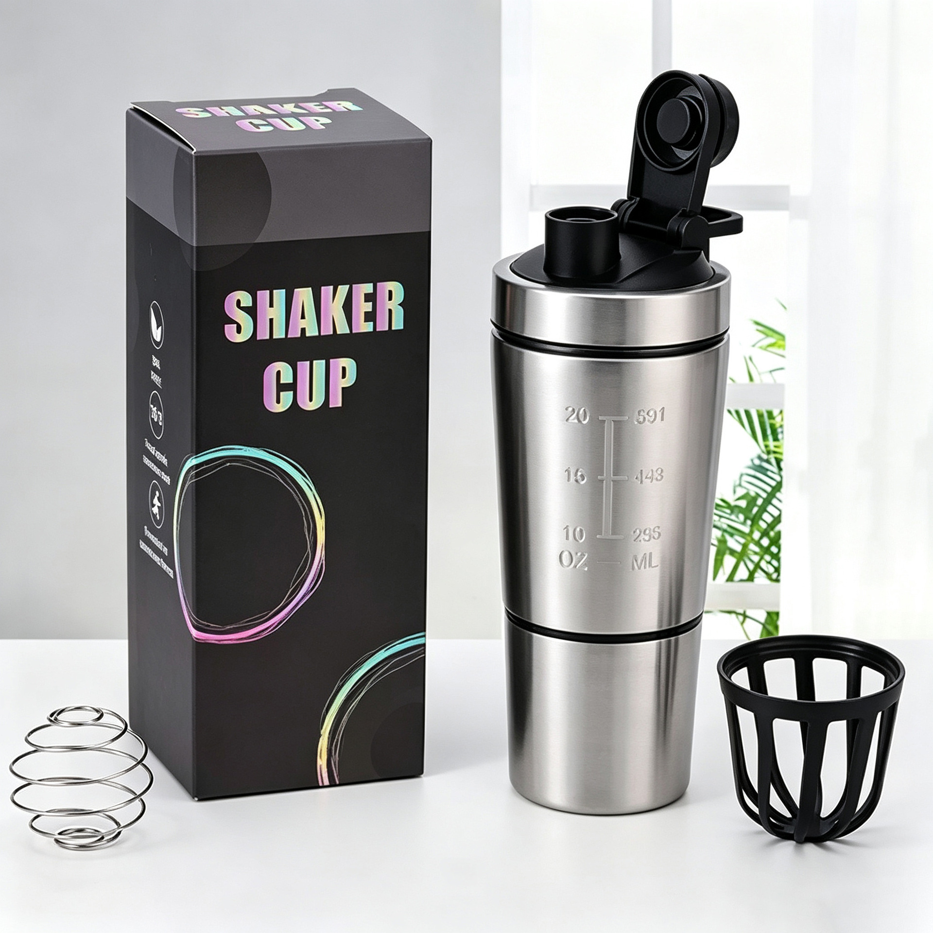Shaker Cup with Powder Container, 304 Single-Layer Stainless Steel Protein Powder Bottle, Sports Fitness Mixing Cup, Convenient Milkshake Cup