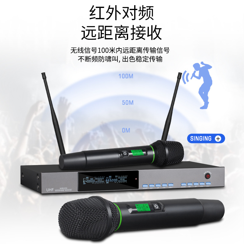 Cross-Border Hot-Selling Wireless Uhf Microphone One-To-Two Home Hosting Ktv Professional Performance Dedicated Fm Microphone