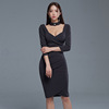 Slim Quarter Sleeve Dress with neck， low chest and square neck