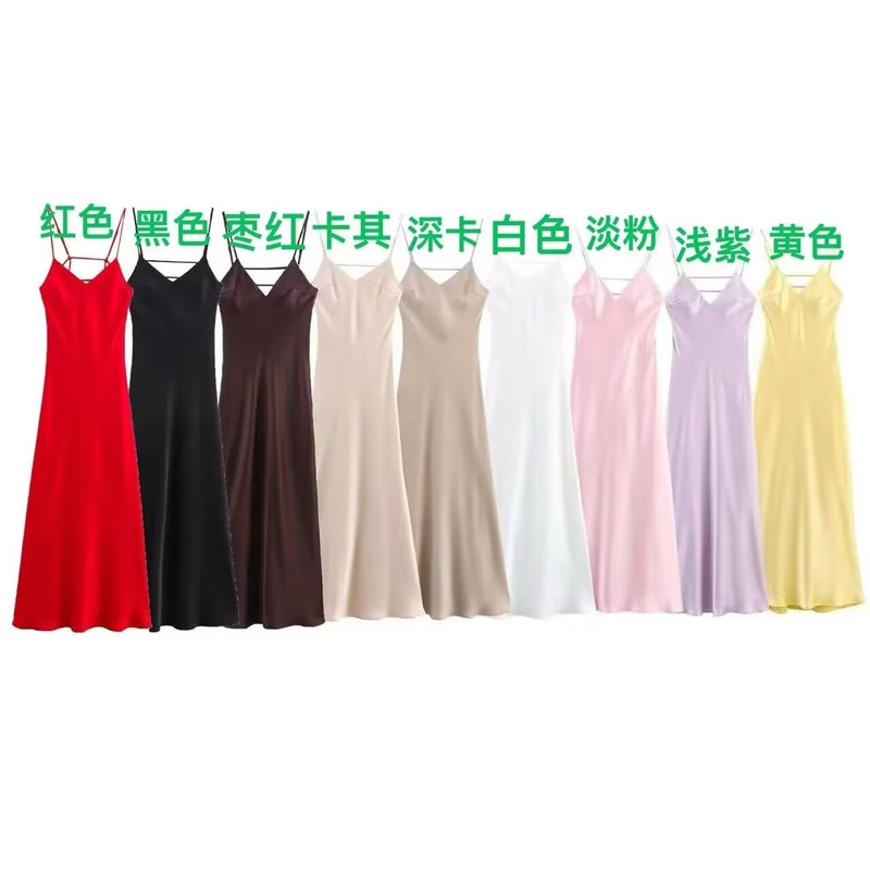 Nssf Self-Made New European and American Foreign Trade Women's Fashion Cross-Border Sexy Satin Backless Long Dress with Straps