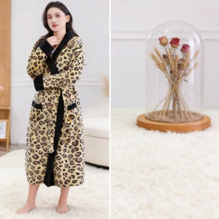 豹纹法兰绒睡袍女欧美可外穿家居服短袖系带跨境专供