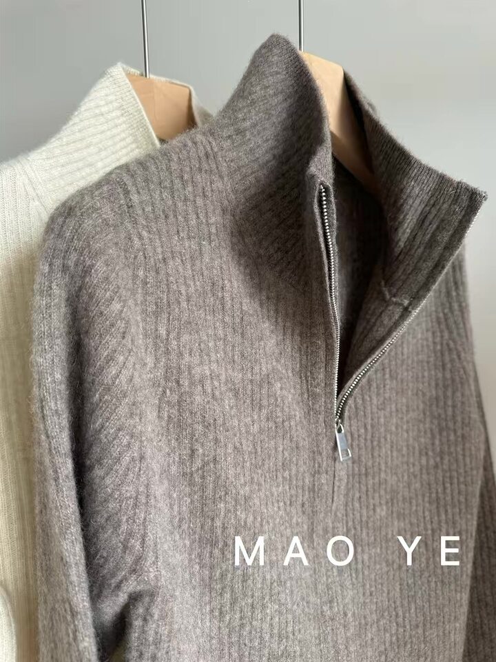 Áo khoác cardigan len lông cừu nguyên chất dài tay cổ bán cao, khóa kéo đôi, sọc gân dọc tôn dáng — Màu cà phê, Màu tự nhiên, màu đen chi tiết 12