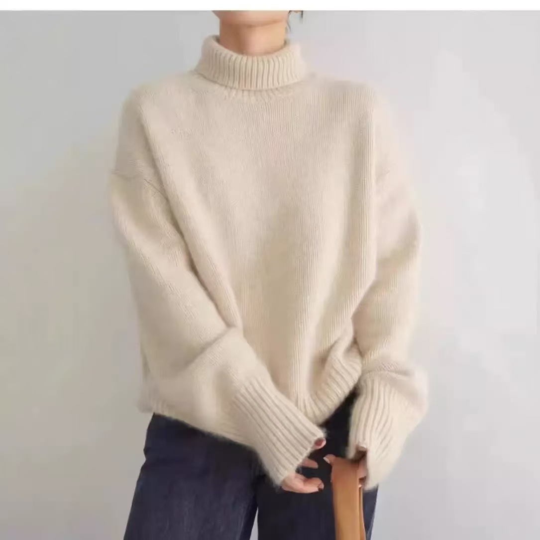 Maglione oversize a collo alto – Pullover minimalista a coste (morbido misto poliestere, vestibilità comoda, tinta unita cammello/beige/marrone/grigio, capo essenziale per il lavoro e il weekend)_voghion.com