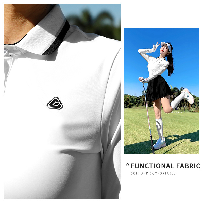 Áo thun dài tay golf nữ PGM cổ sườn ôm eo — YF744 [Cổ sườn có màu/vải co giãn] Áo sơ mi POLO màu trắng