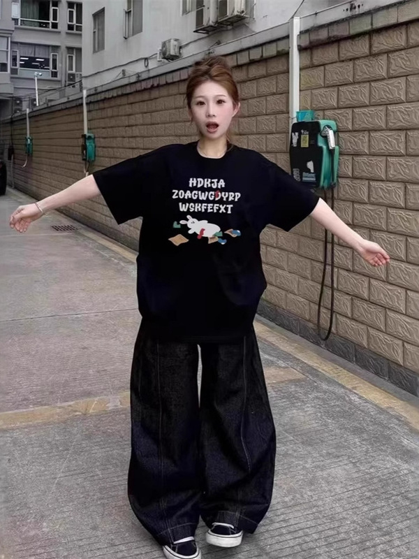 美式潮牌黑色短袖t恤女2025新款夏季宽松休闲oversize设计感上衣|undefined