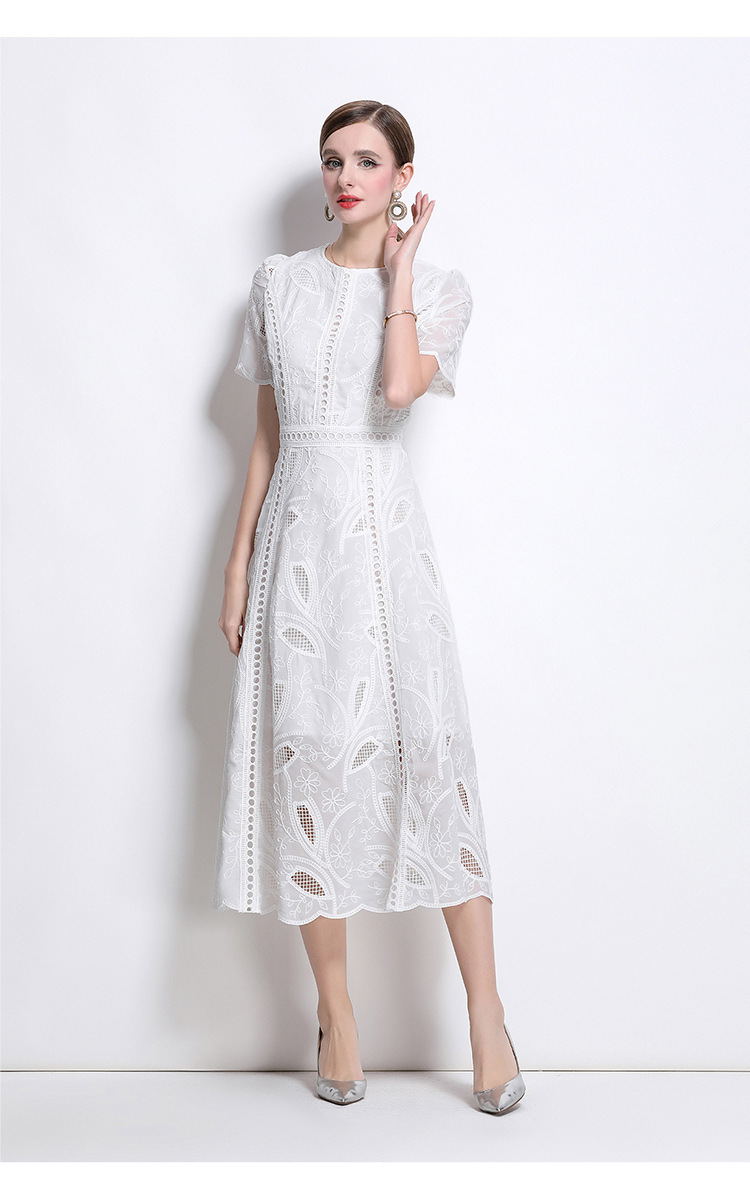 Đầm maxi nữ thắt eo cổ điển Pháp ren thêu họa tiết tay ngắn — màu đen, xanh nhạt, màu hồng, Xanh da trời nhạtcolor chi tiết 20