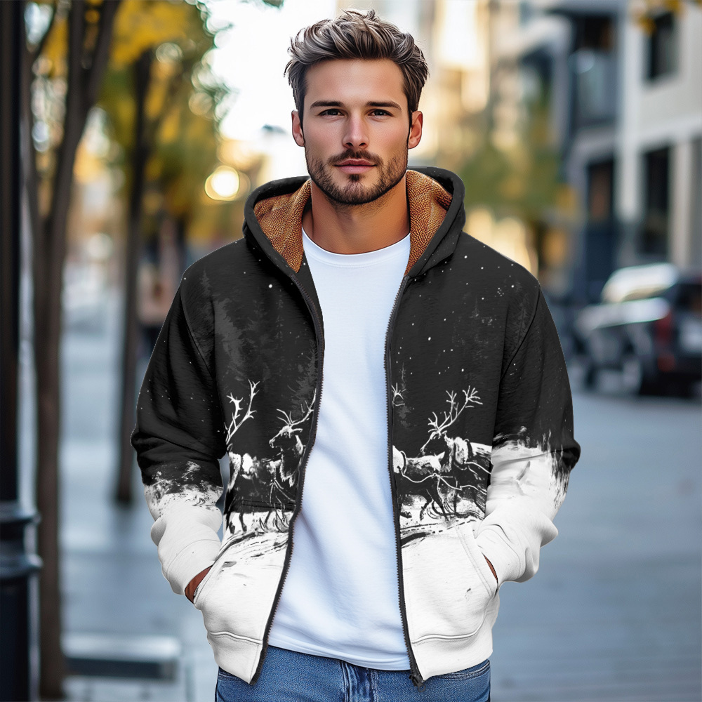 Giacca in cotone spesso con cappuccio e cerniera da uomo in stile europeo stampato autunno e inverno 2024_voghion.com