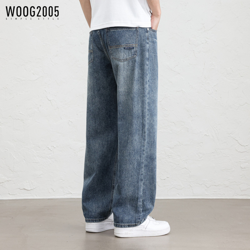 WOOG2005 Blue Men's Stretch Denim Pants 2025 Spring New All-match Loose Straight Casual Pants