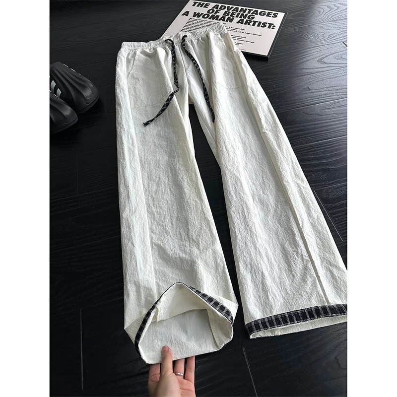 White plaid patchwork quick-dry ice silk pants for men, summer cool-touch trendy American retro loose straight casual pants White plaid patchwork quick-dry ice silk pants for men, summer cool-touch trendy American retro loose straight casual pants