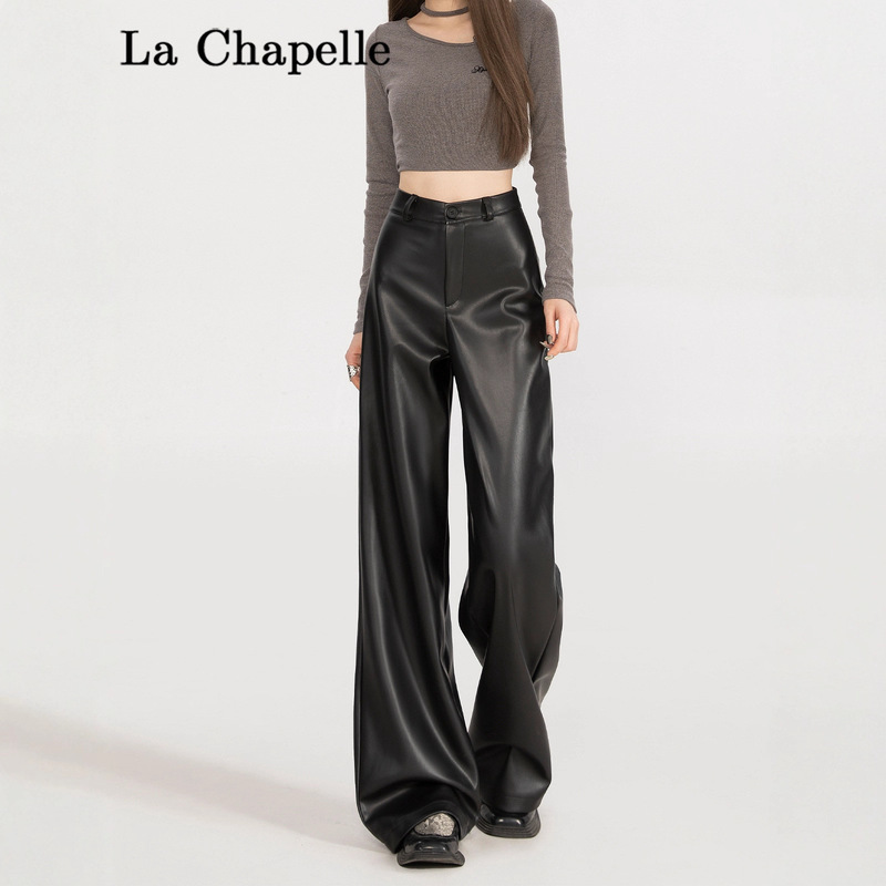Black Leather Pants for Women, Autumn and Winter 2025 New Style, Petite Pu Leather High-Waisted Straight Wide-Leg Pants for Spring and Autumn