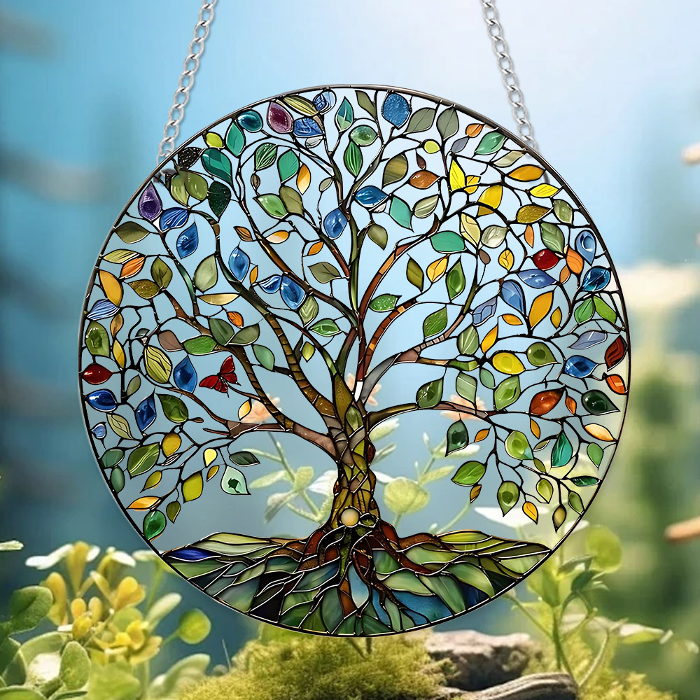 新款彩色亚克力绿色树叶生命之树带链挂饰户外花园家居装饰品挂件