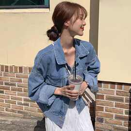 韩国chic秋季复古百搭翻领单排扣宽松长袖水洗蓝色夹克牛仔外套女