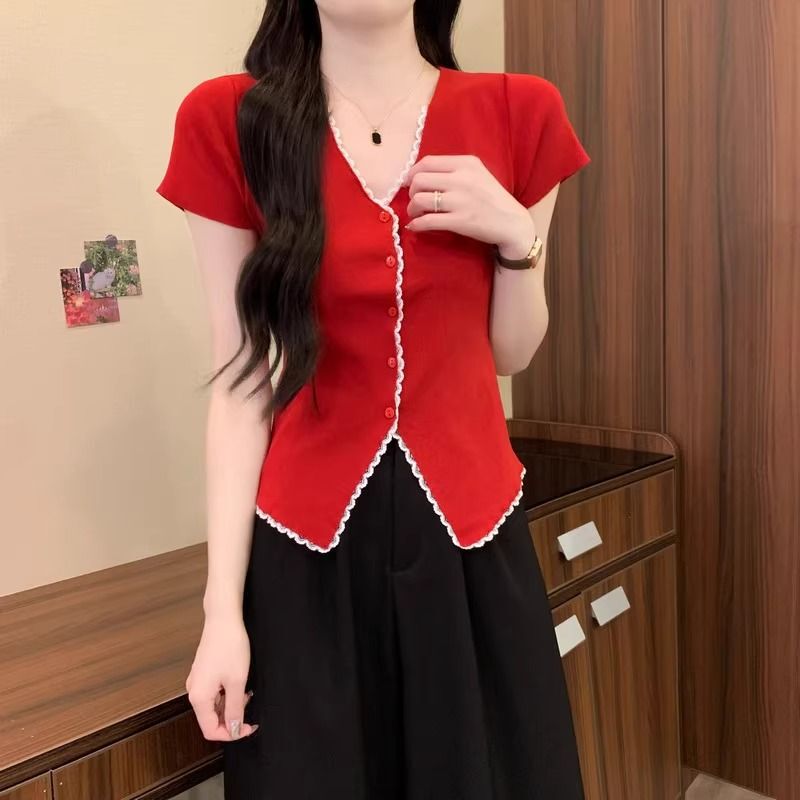Short-Sleeved Knitwear for Women 2025 Summer New Popular Lace V Neck Pinch Waist Short Ice Silk Top Thin