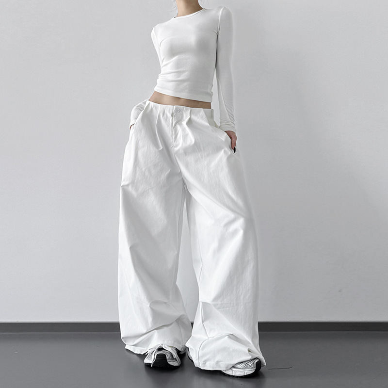 Trendy White Cargo Pants for Women 2025 Spring and Autumn New Tall Loose Lazy Style Casual Wide-Leg Pants
