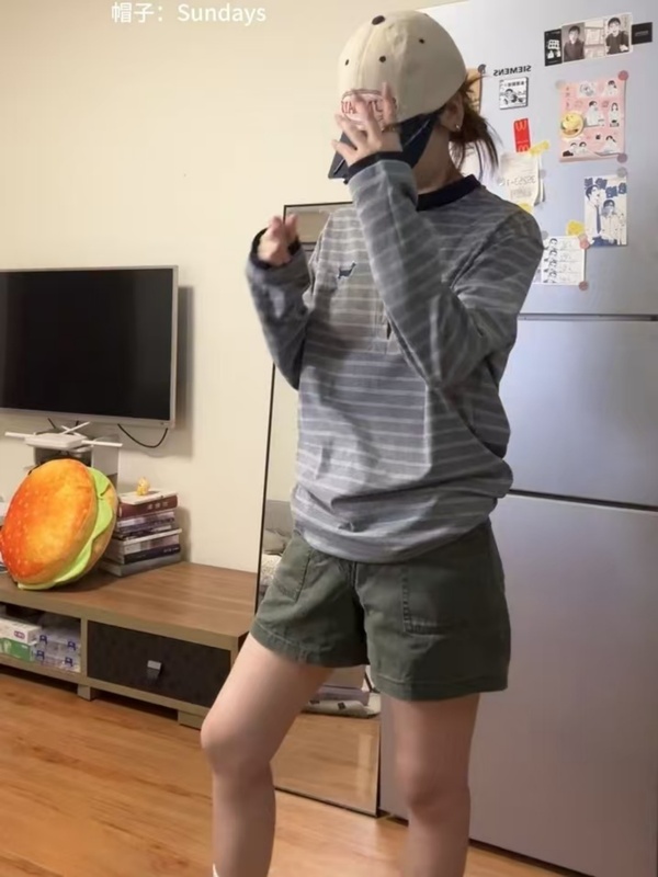 美式复古灰色亨利领条纹长袖T恤女秋季复古宽松慵懒风显瘦上衣|undefined