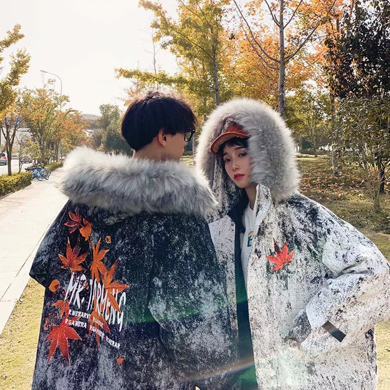 Cross-Border Trade Trendy Camouflage Cotton Jacket Couple Outfit with Fur Collar Hooded Cotton Coat for Women Winter Thickened Korean Style Trendy