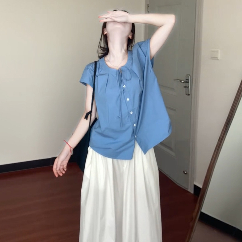 2025 New Summer Style Super Hot Age-Reducing Loose Baby Doll Shirt Short-Sleeved Small Flying Sleeve Top Baby Doll Shirt