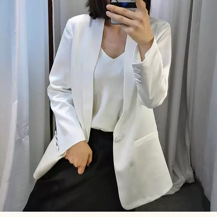 现货厂家批发 光泽仿醋酸缎面 外套冬西装黑色白色西装女