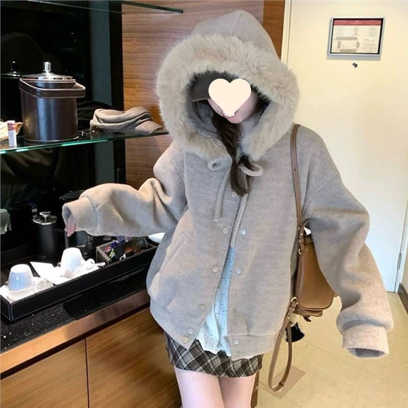 Oatmeal Warm Plush Collar Design, Sweet Elegant, Bow Hooded Coat, Loose Preppy Style Woolen Top Jacket