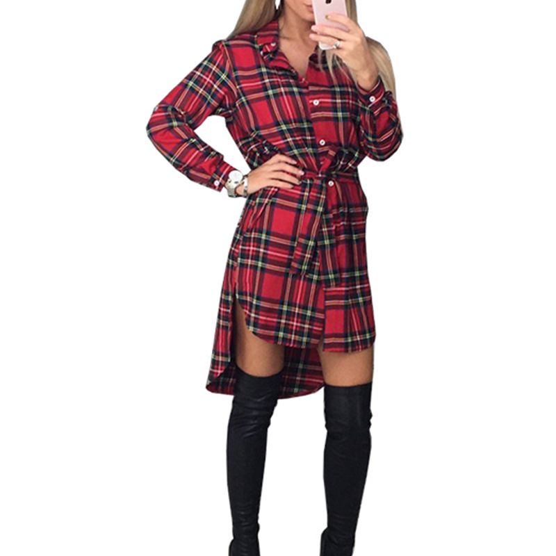Women Clothing Ladies Collared Long Sleeve Shirt Women Mid-Length Plaid Shirt Shirt Dress