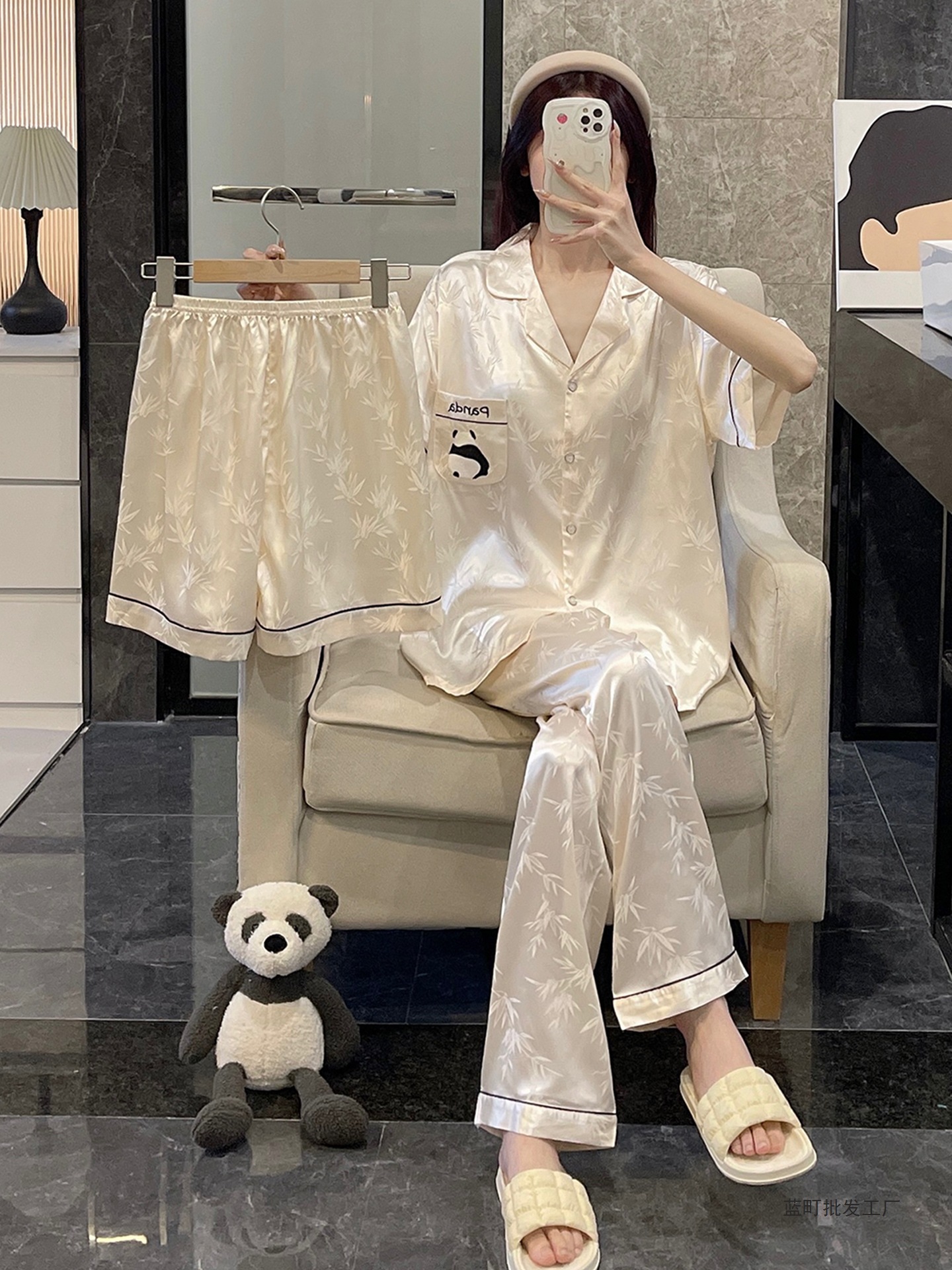 여성을위한 얼음 실크 잠옷 봄, 여름, 가을 3 피스 양복 반팔 얇은 실크 여름 플러스 사이즈 지방 mm 가정 의류