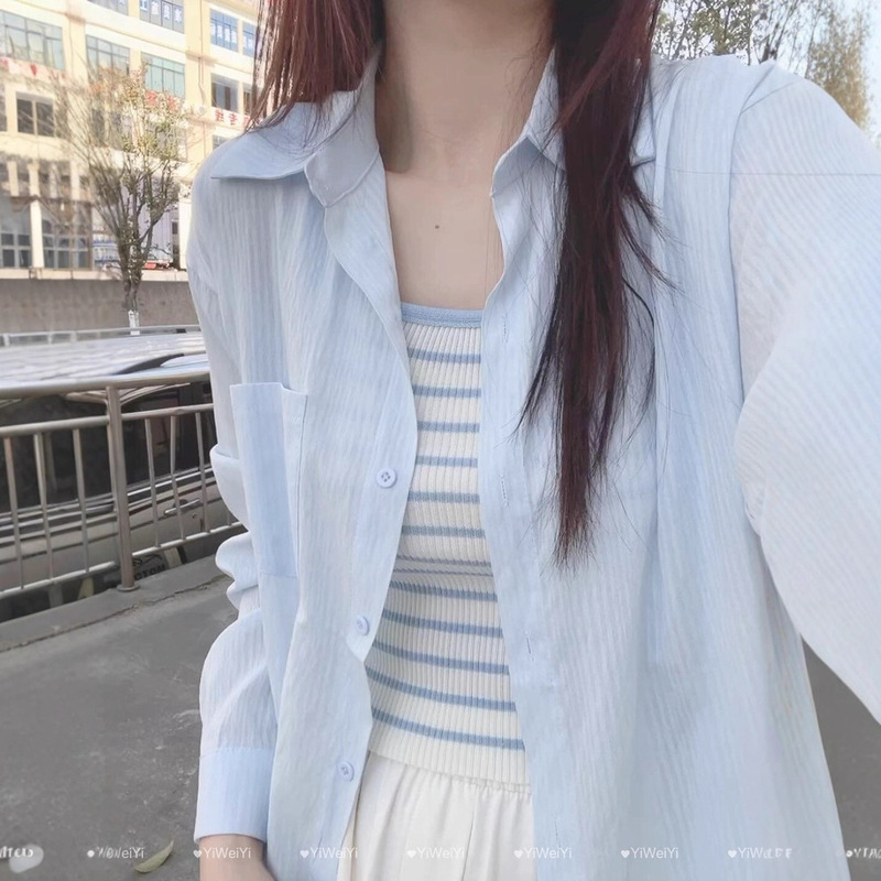 Blue Ice Silk Sunscreen Shirt Women's Chiffon Shirt Long-Sleeved 2025 New Summer Light and Thin Cardigan Thin Jacket
