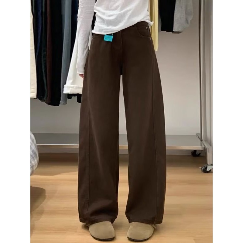 Brown American Straight-Leg Jeans for Women, Autumn New Style, Plus Size, High-Waisted, Slimming, Loose, Pear-Shaped Body, Wide-Leg Pants