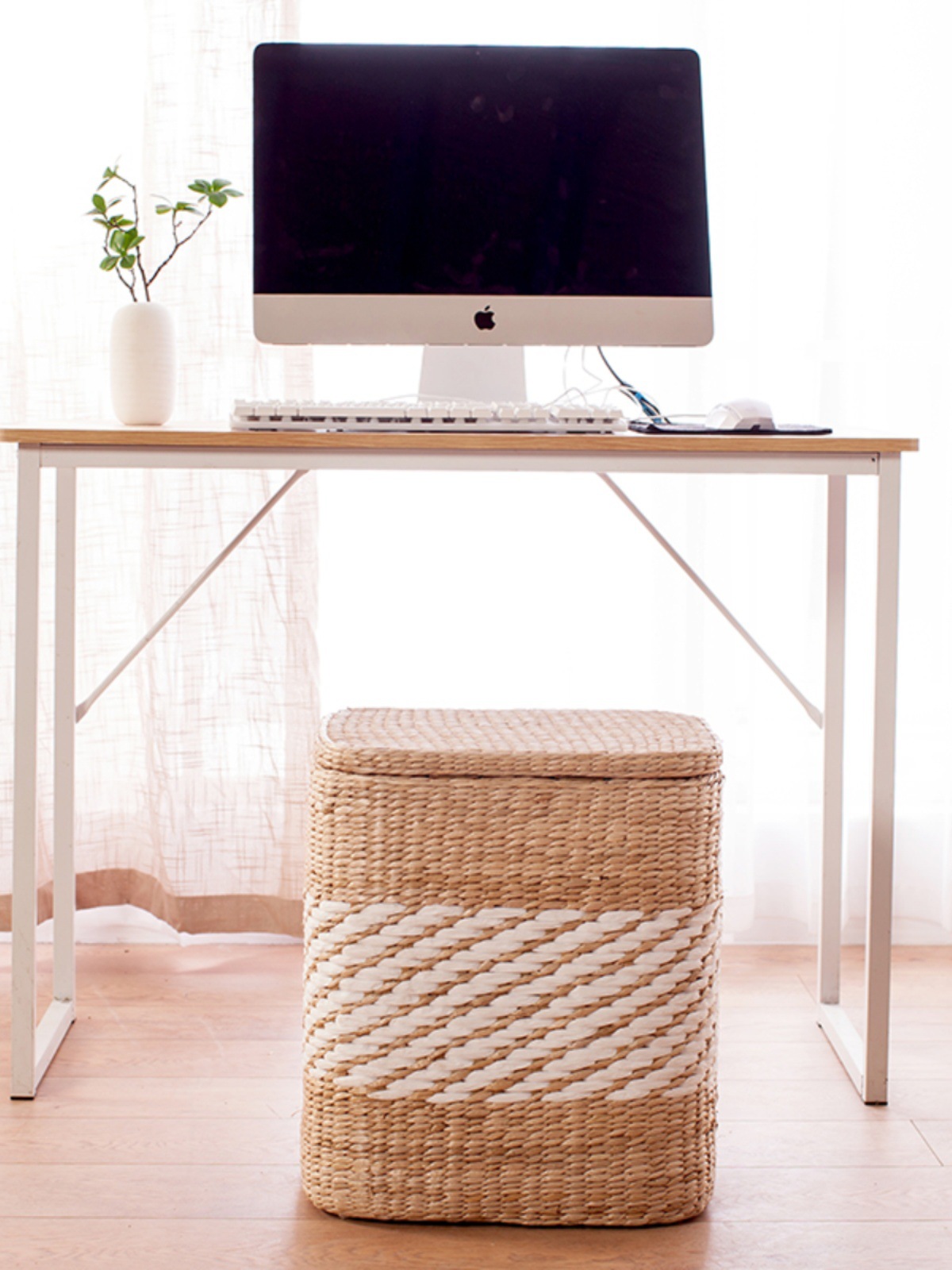 Taburete de almacenamiento de madera maciza tejido de paja Taburete de almacenamiento Taburete de cambio de zapatos tejido de ratán Taburete de maquillaje de sofá puede sentarse personas organizando caja de almacenamiento