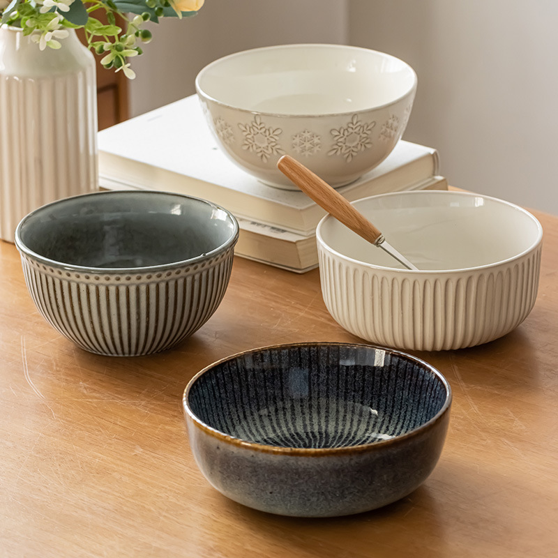 Una colección de tazones de fideos para una persona, tazones de vajilla de cerámica retro, tazones de sopa para el hogar, tazones de ensalada, tazones de verduras, tazones de sopa al por mayor