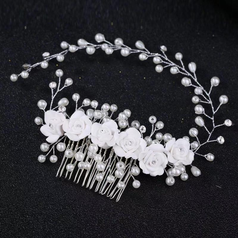 韓国の新婦の髪飾り手作りの真珠の花の柔らかい陶の花の髪の櫛の髪の帯の影楼と化粧の結婚のアクセサリーのヘッドバンド|undefined
